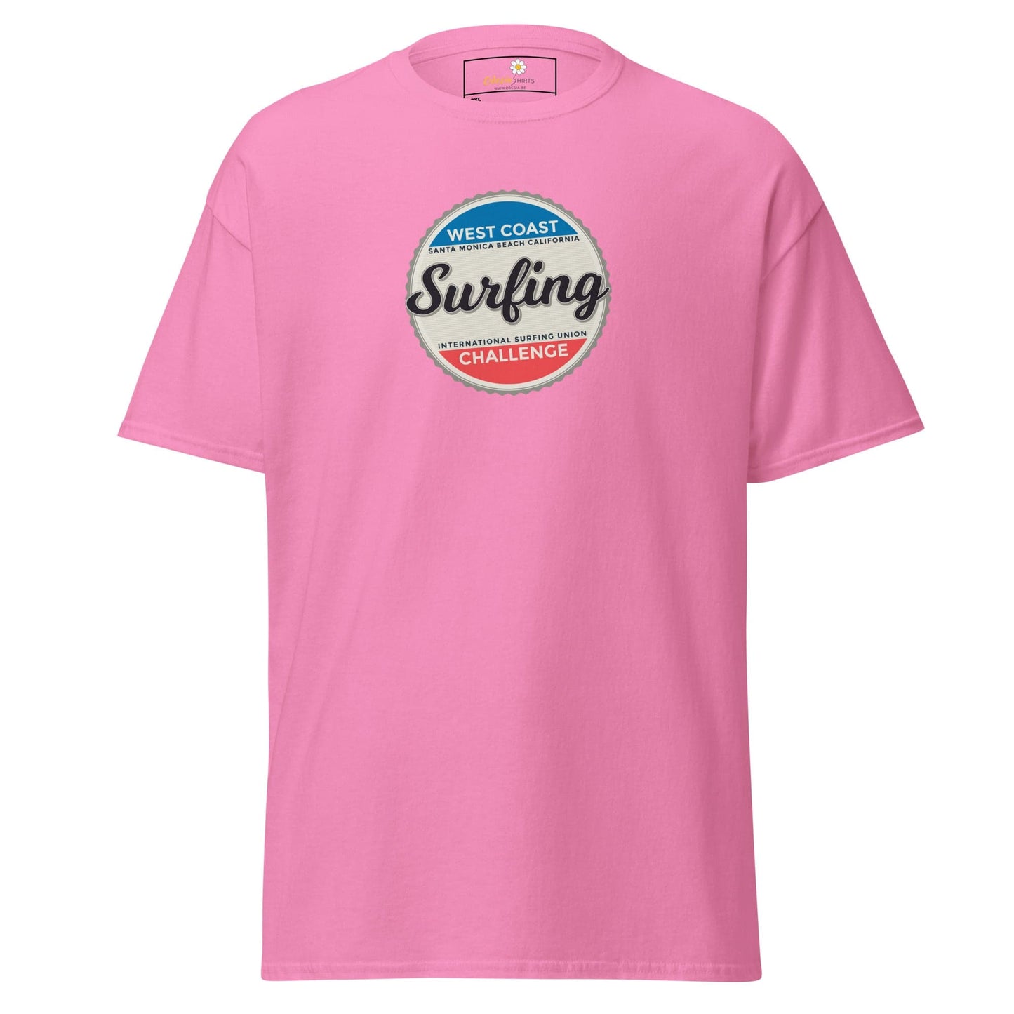 Pink t-shirt with surfing graphic.