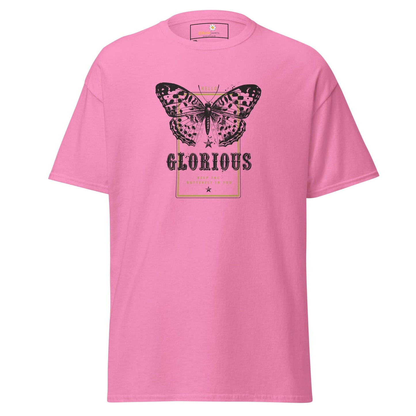 Pink T-shirt with butterfly graphic for men and women in 2XL to 5XL sizes