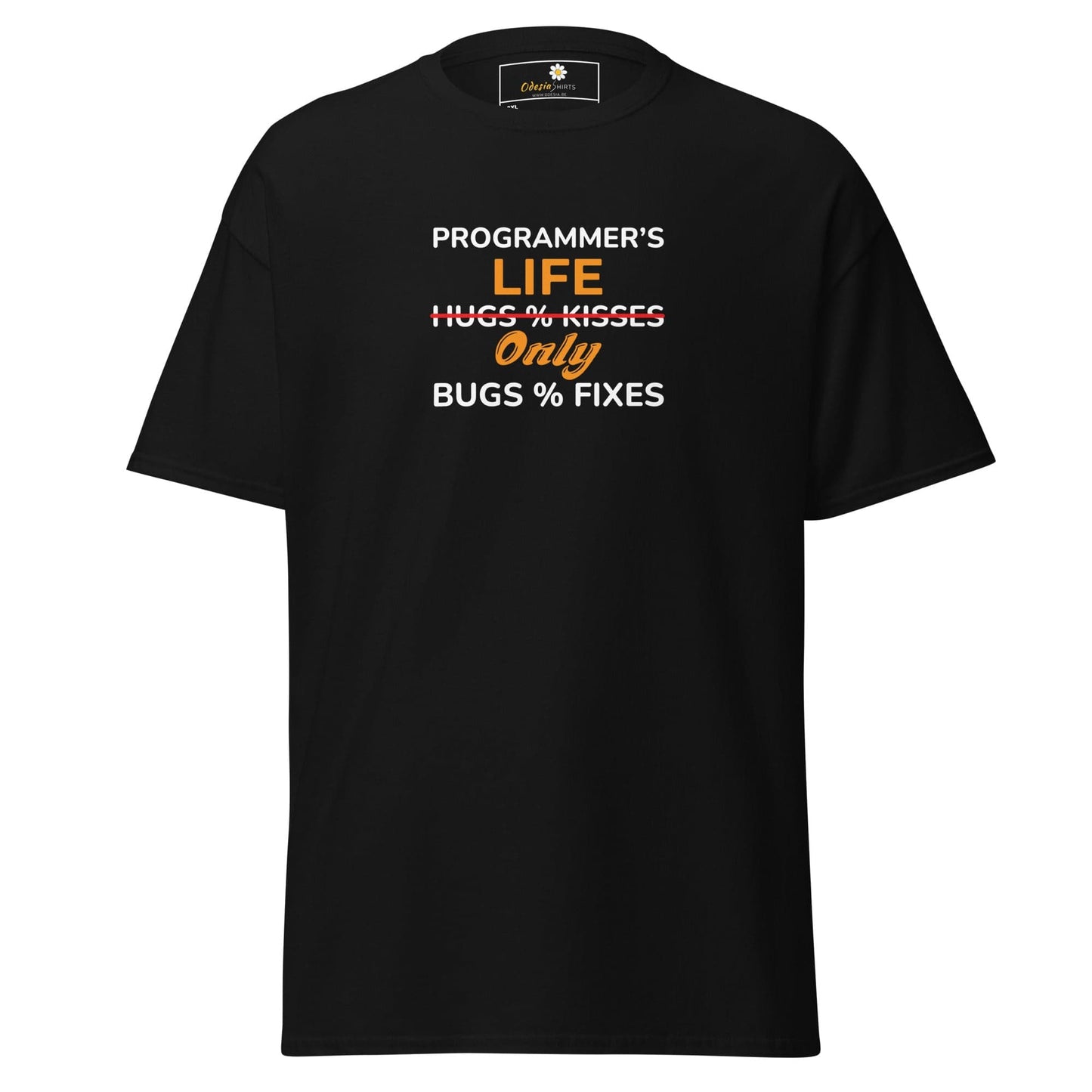 Black t-shirt with programmer humor.