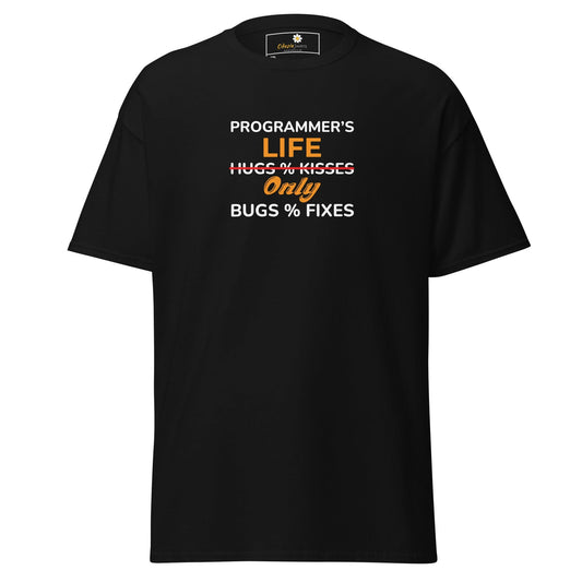 Black t-shirt with programmer humor.