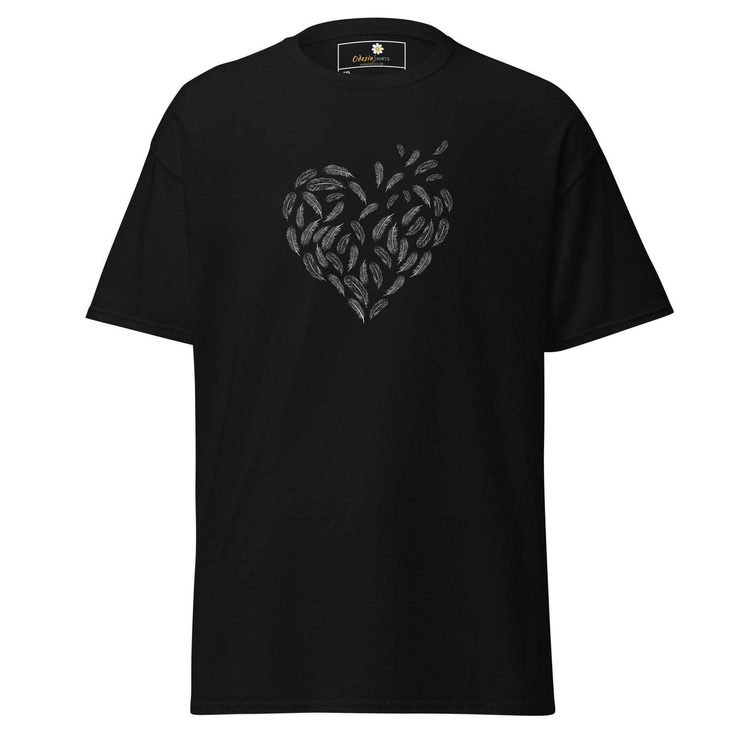 Black T-shirt with feather heart design from T-SHIRT DESIGN TEE for Men and Women in 2XL to 5XL