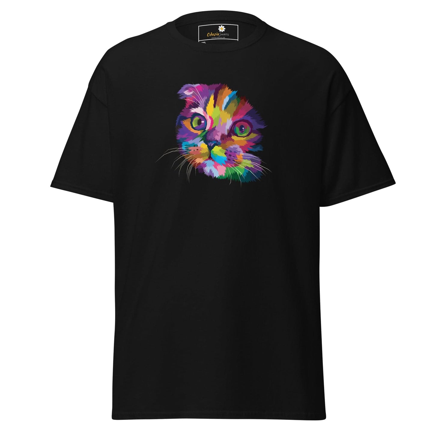 Black T-shirt with colorful cat graphic for men and women in sizes 2XL to 5XL