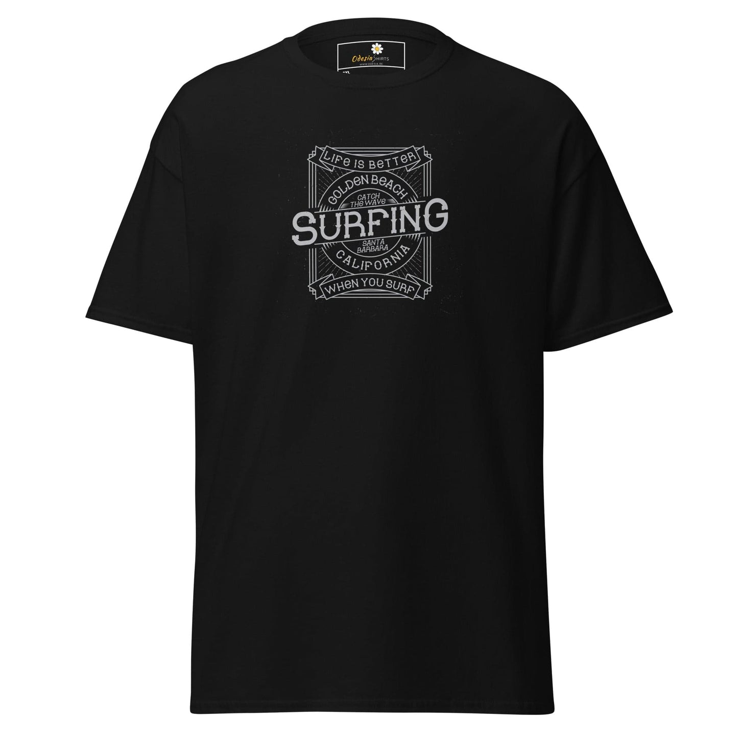 Black T-shirt with surfing graphic from T-Shirt Design Tee for Men and Women in 2XL to 5XL