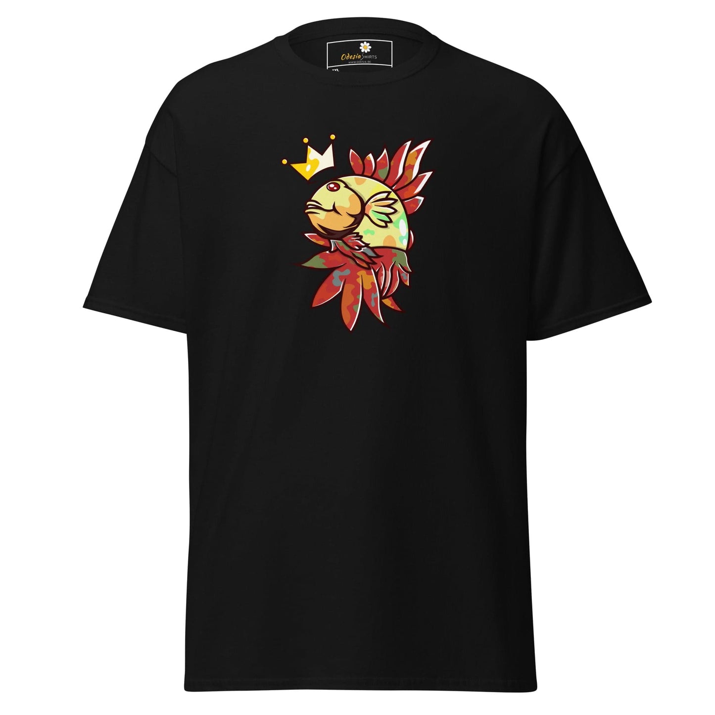 Black T-shirt with a fish graphic displayed in the T-SHIRT DESIGN TEE for men and women sizes 2XL to 5XL