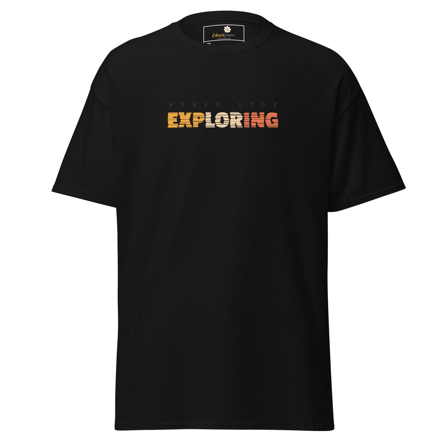 Black T-shirt with Exploring text from T-SHIRT DESIGN TEE for Men and Women in 2XL to 5XL