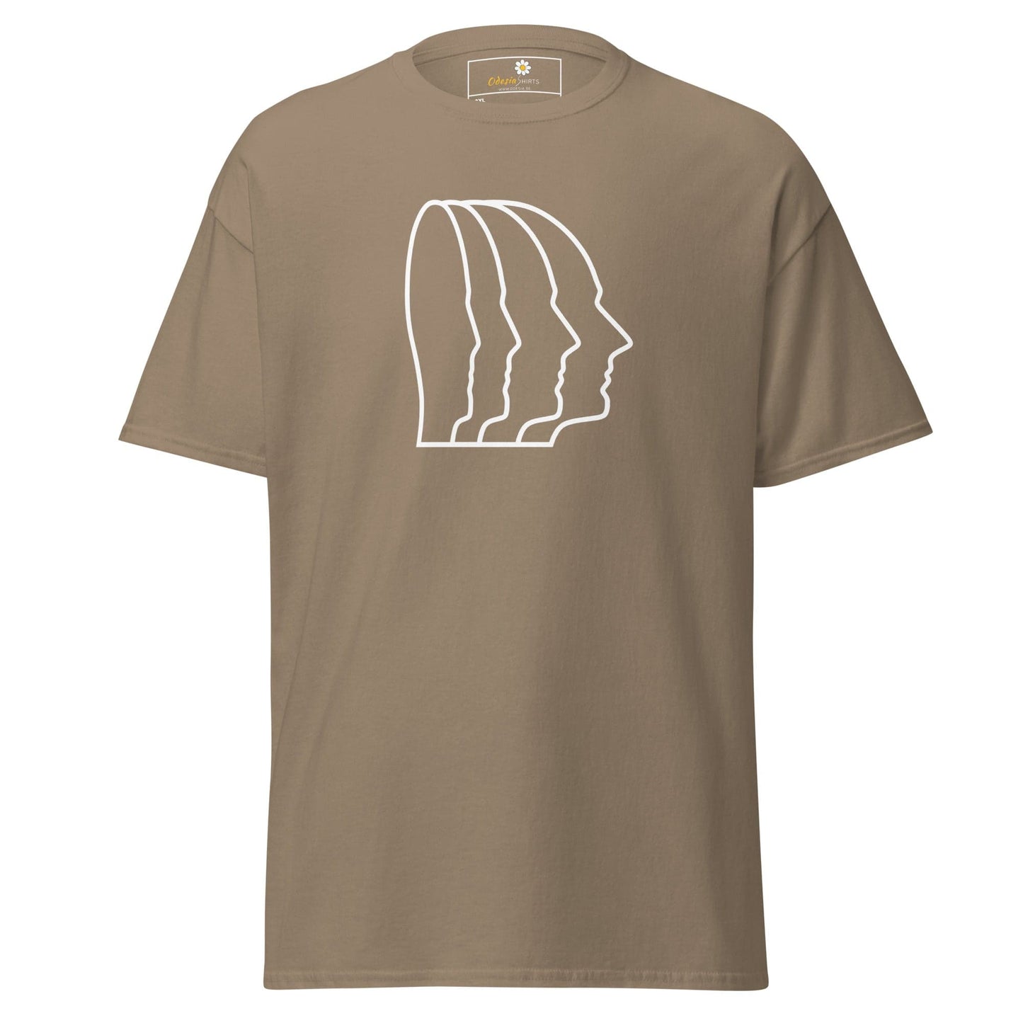 Khaki t-shirt with a white face outline design for men and women in 2XL to 5XL sizes