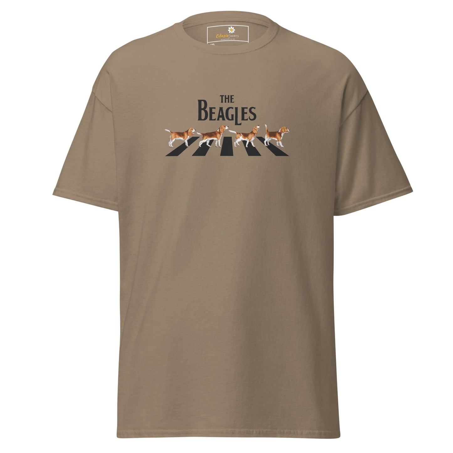 Beige t-shirt with ’The Beagles’ graphic.