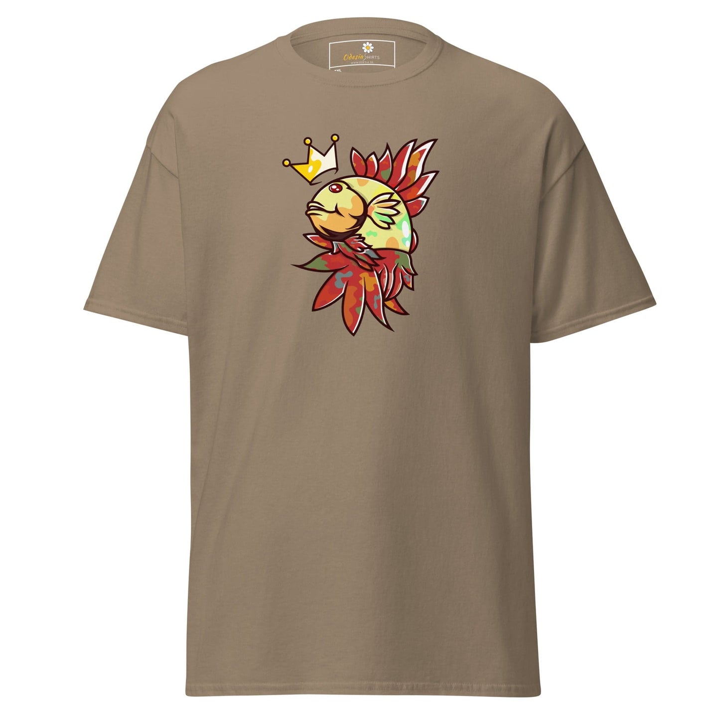 Khaki T-shirt featuring a cartoon fish wearing a crown for men and women size 2XL to 5XL
