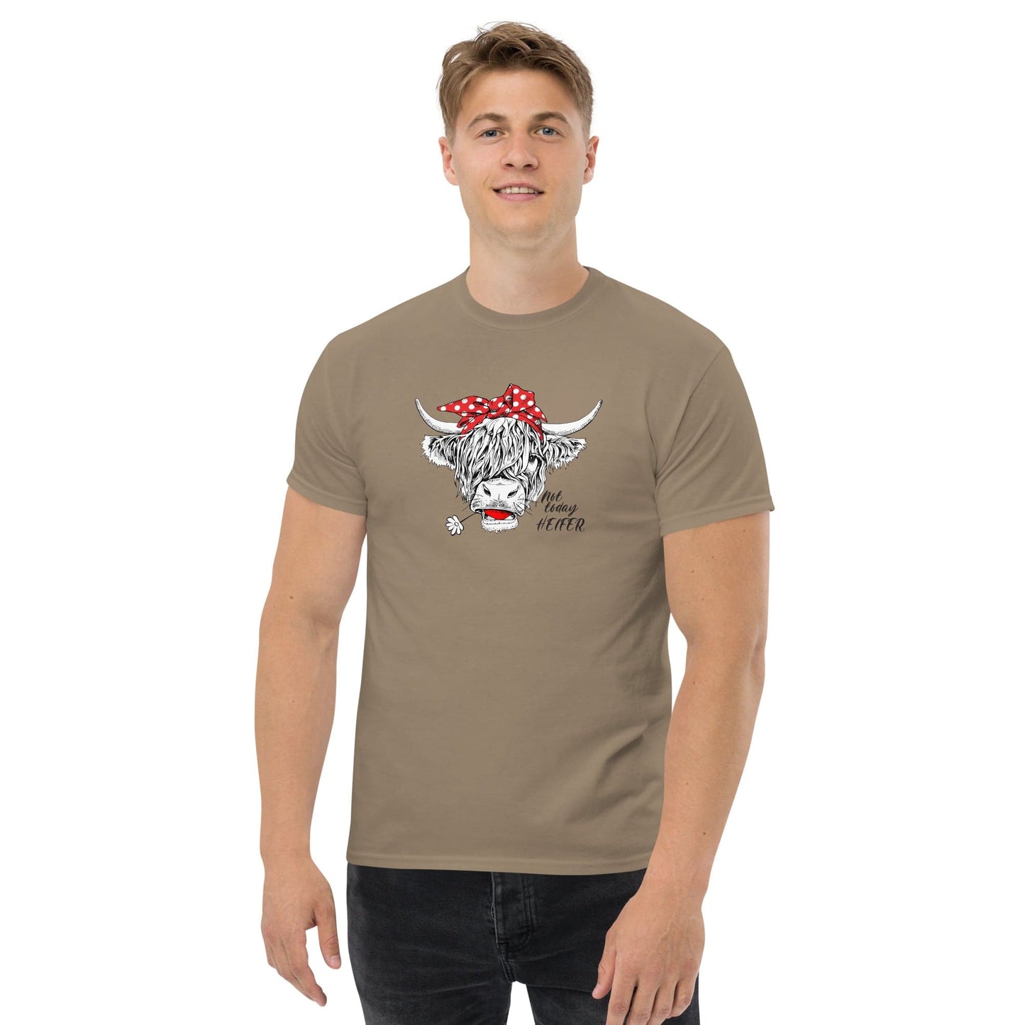Man wearing a t-shirt with a cow graphic.