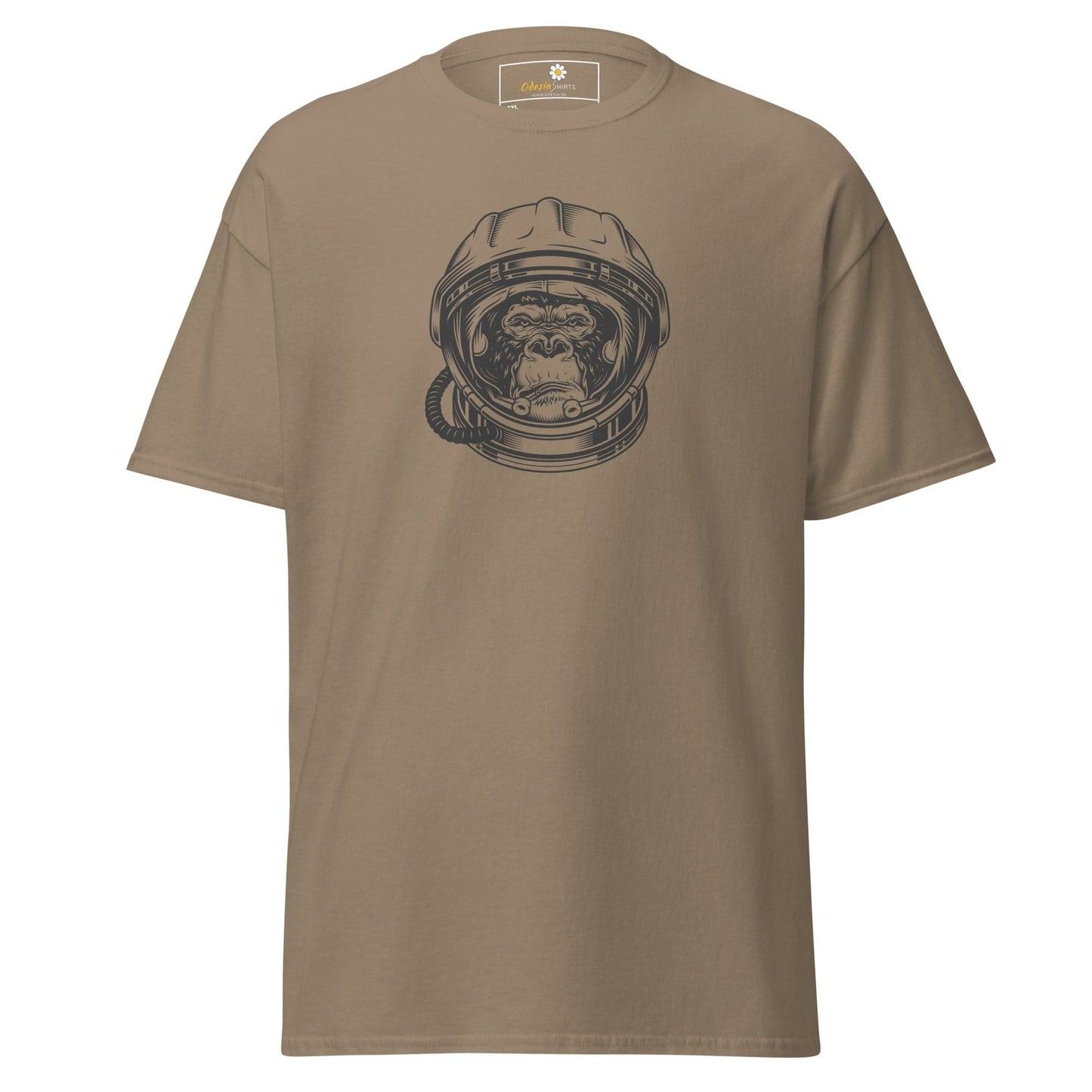 Khaki T-shirt with monkey astronaut graphic for MEN and WOMEN in 2XL to 5XL sizes
