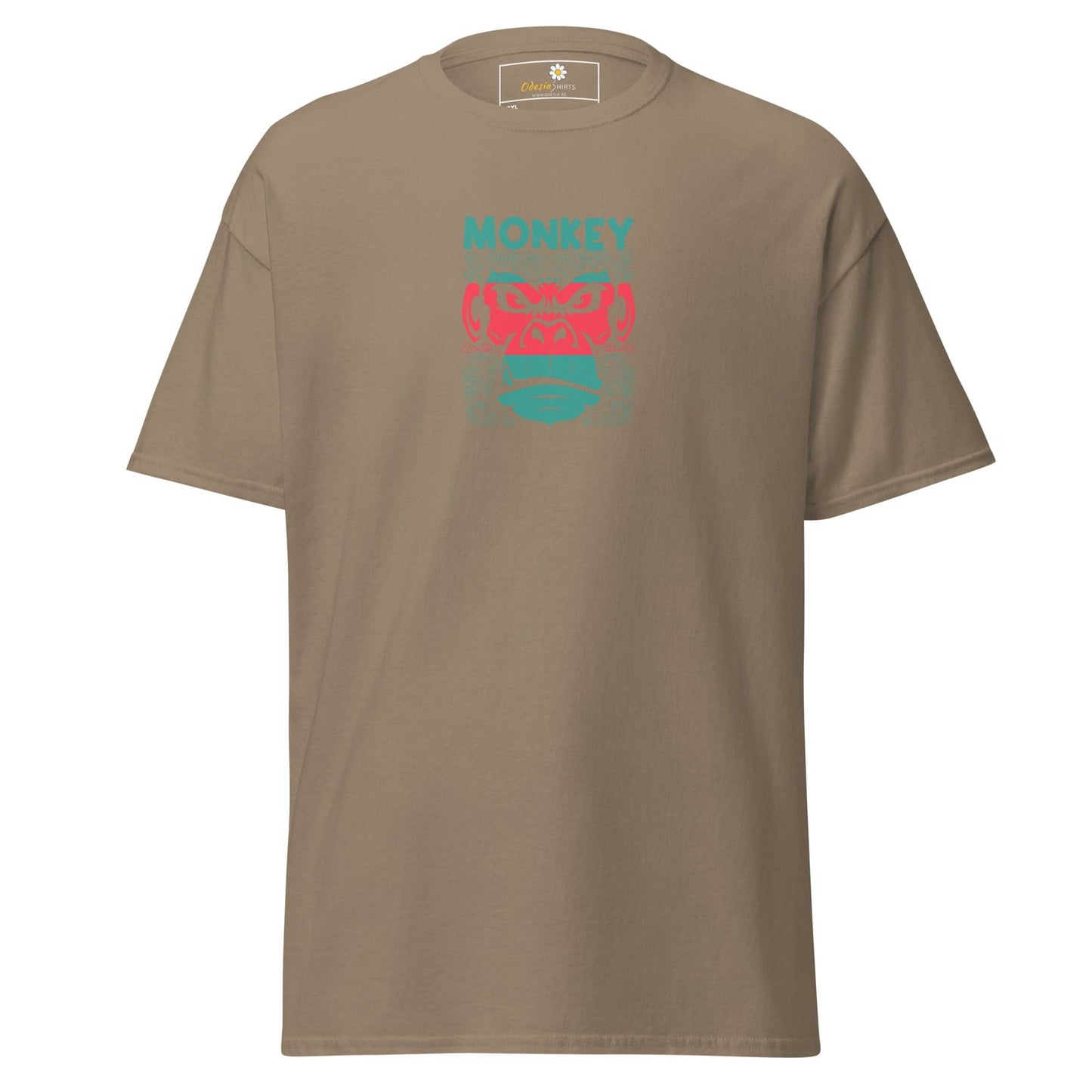 Khaki T-shirt featuring a monkey graphic from T-SHIRT DESIGN TEE for men and women