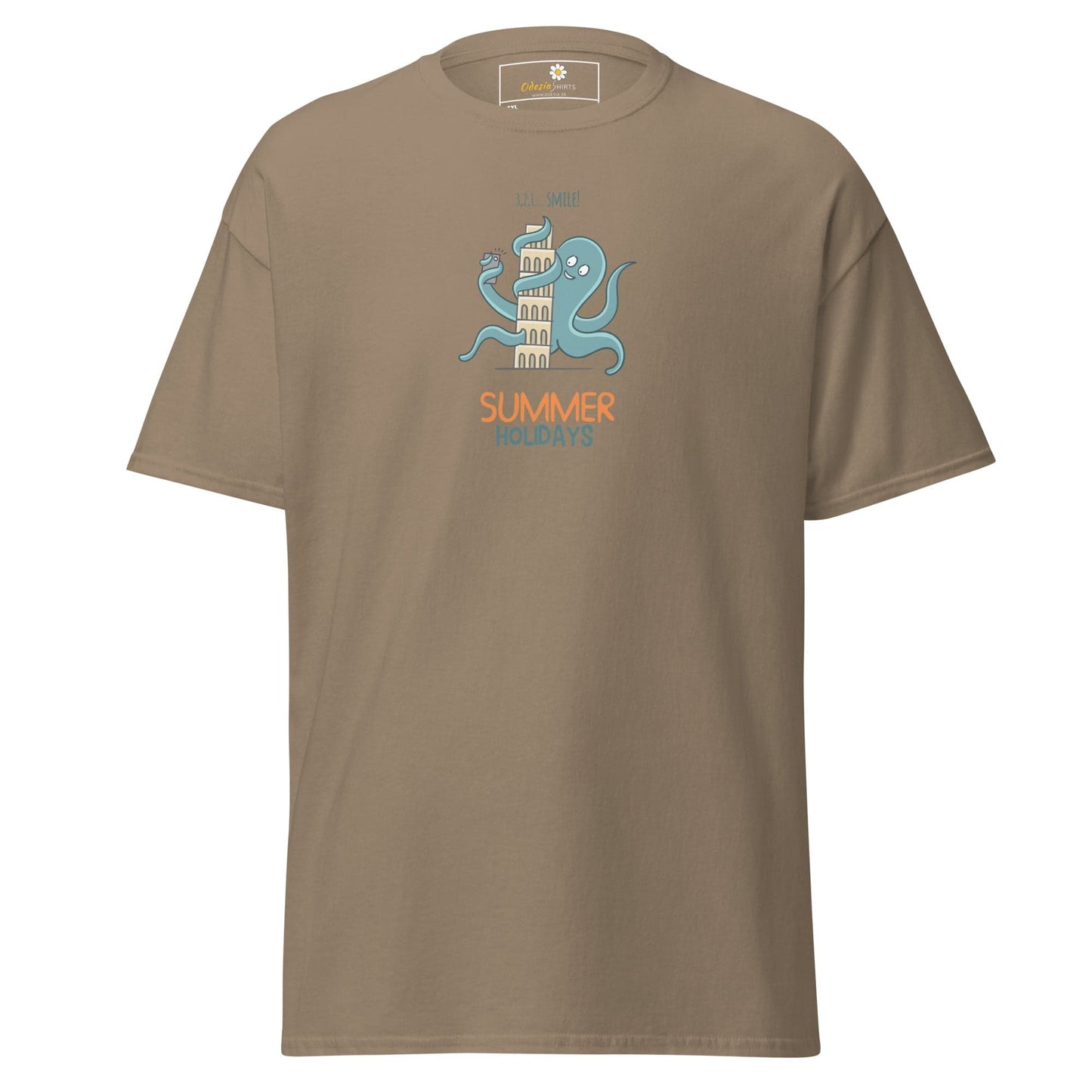 Khaki t-shirt with octopus graphic.