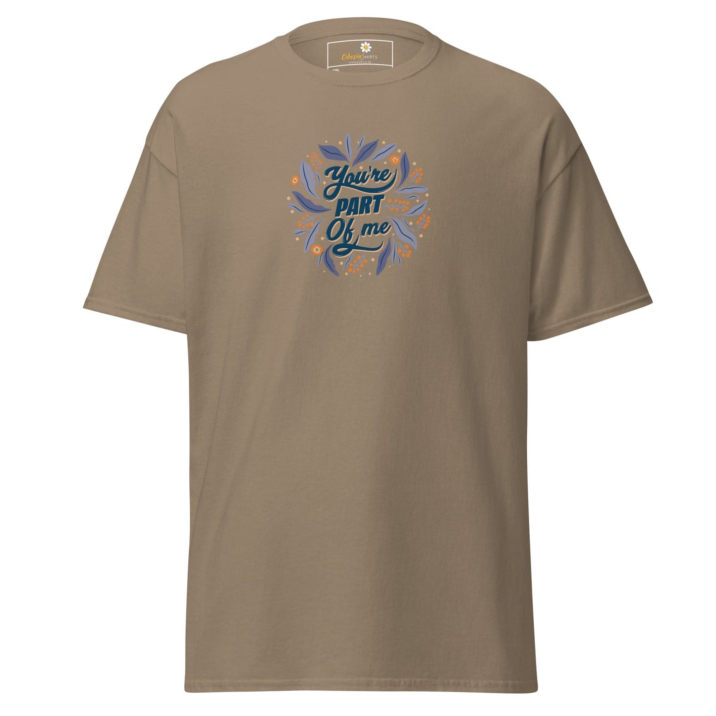 Khaki T-shirt with floral text design from T-SHIRT DESIGN TEE for Men and Women