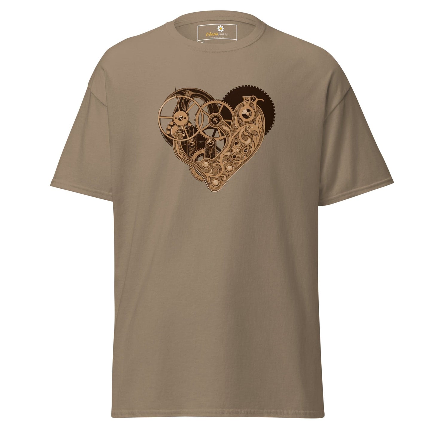 Khaki T-shirt with steampunk heart design, suitable for men and women in sizes 2XL to 5XL