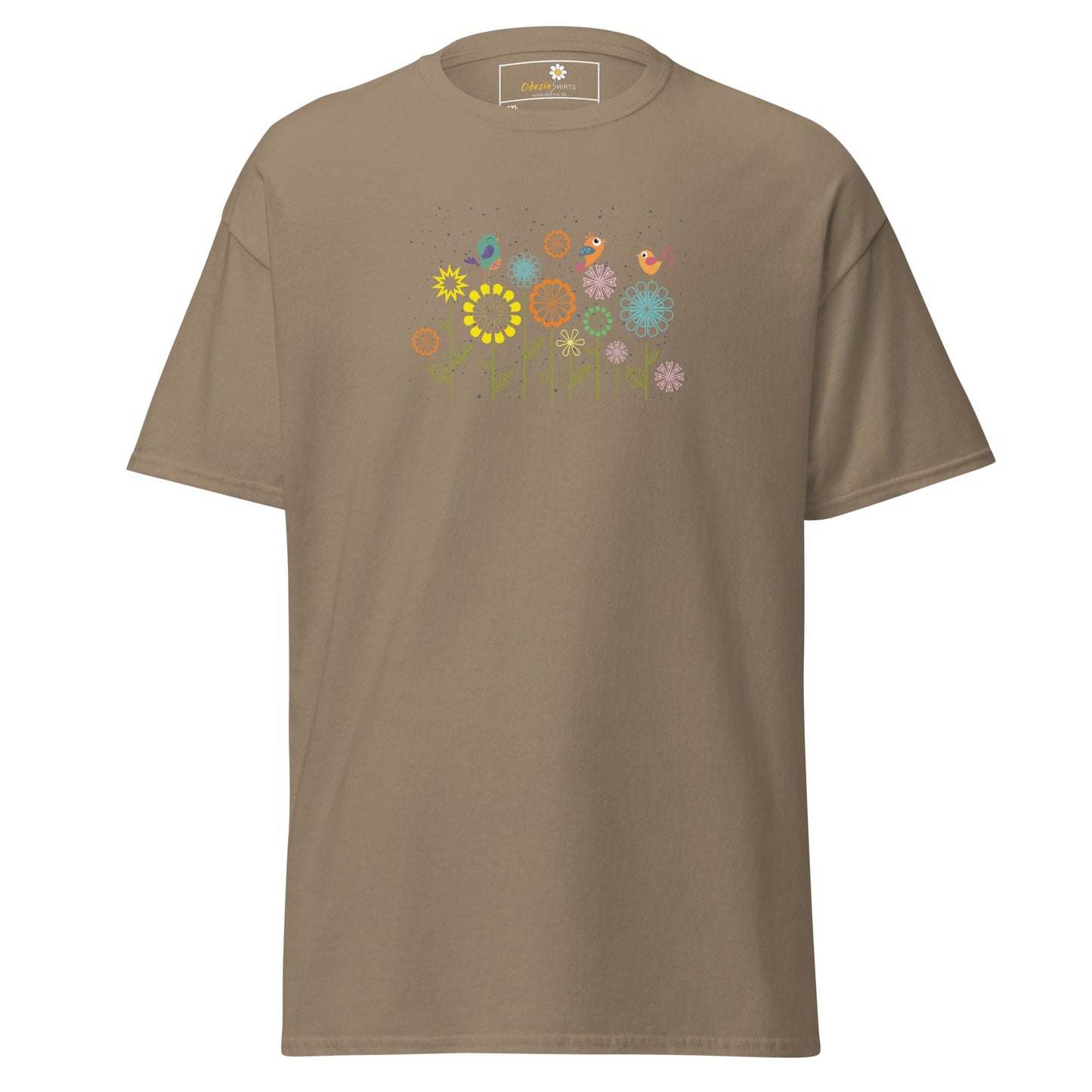 Beige t-shirt with floral and bird design.
