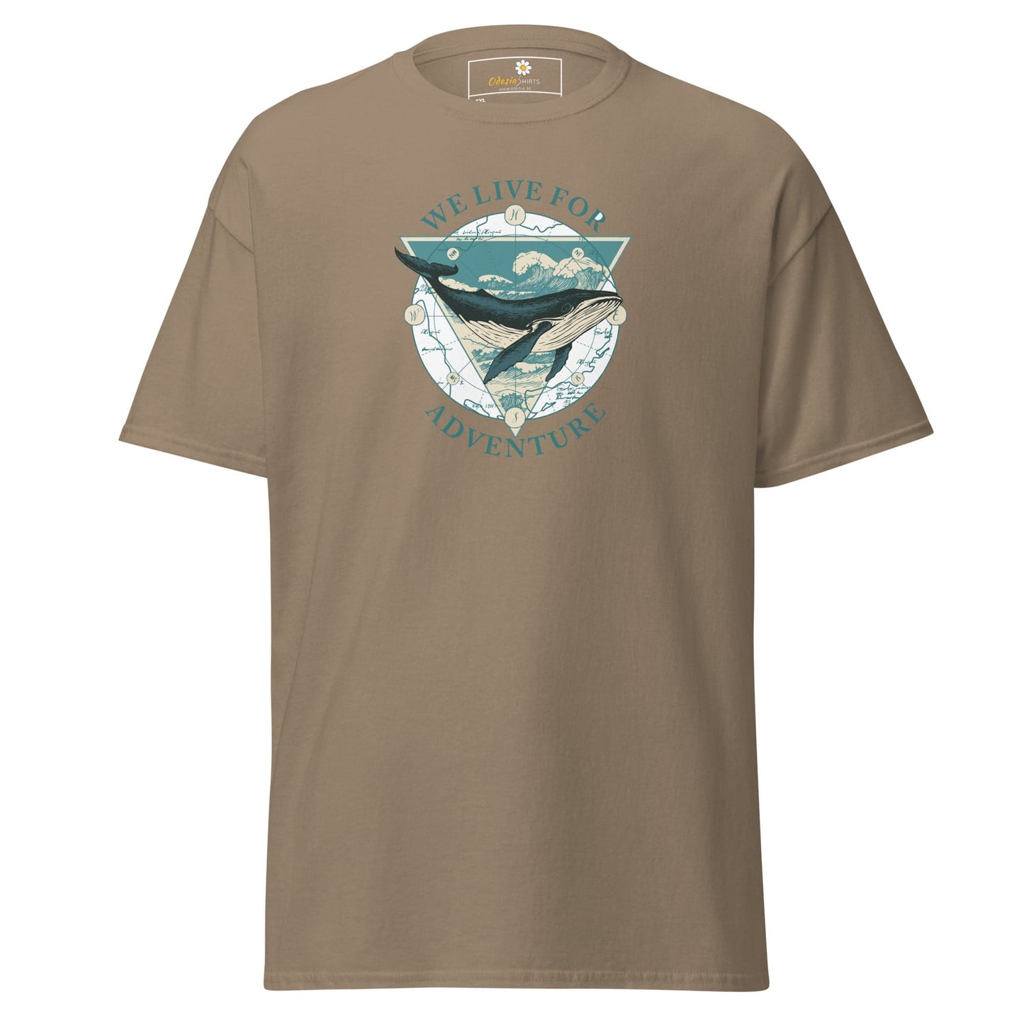 Khaki-colored t-shirt with whale graphic for men and women available in 2XL to 5XL