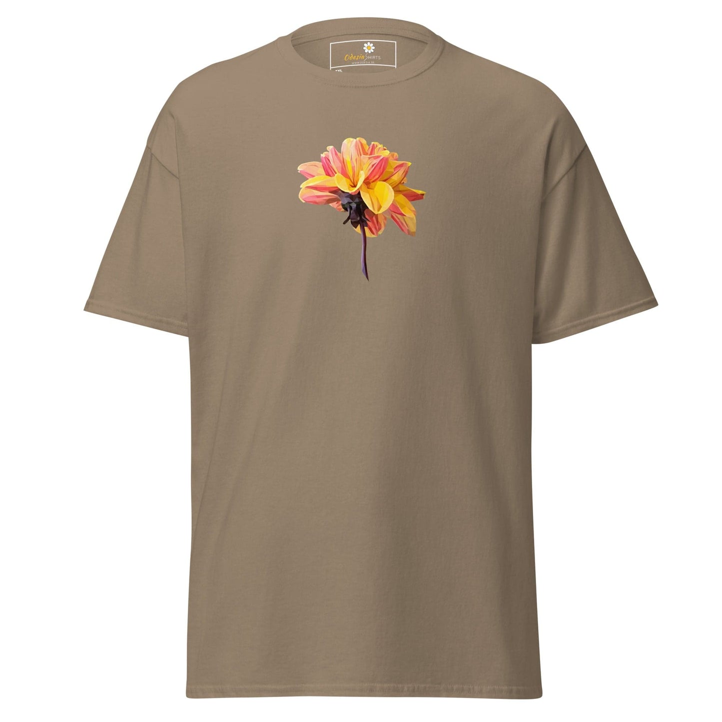 Khaki t-shirt with flower graphic.