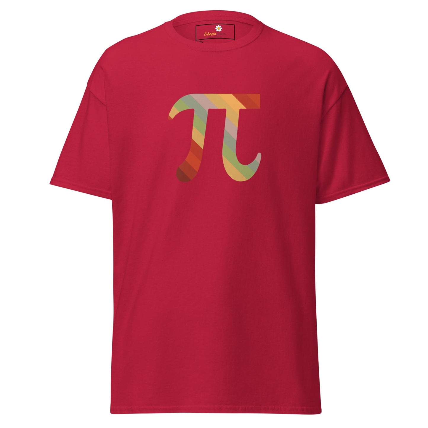 Red T-shirt with colorful Pi symbol design for Men and Women, sizes 2XL to 5XL