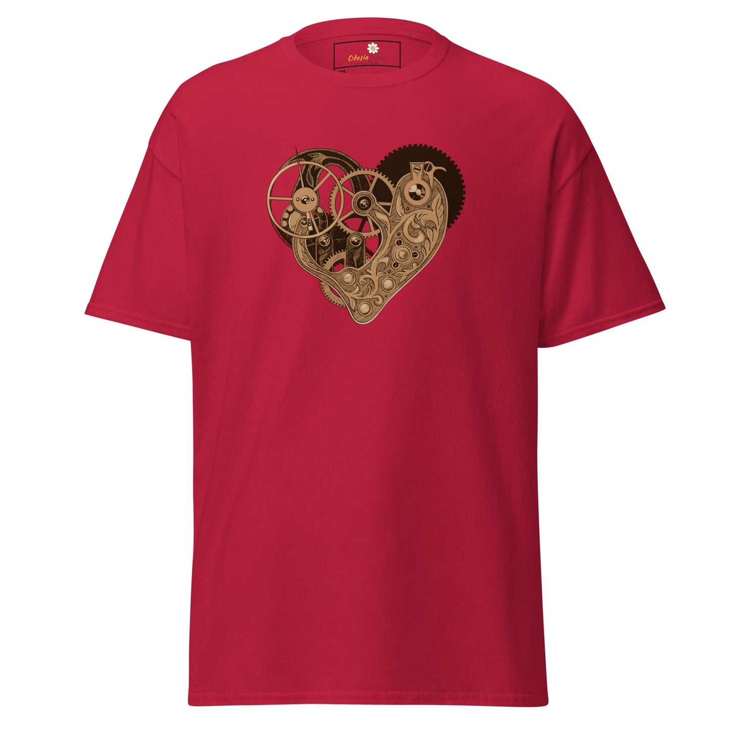 Red t-shirt with steampunk heart design, available in sizes 2XL to 5XL