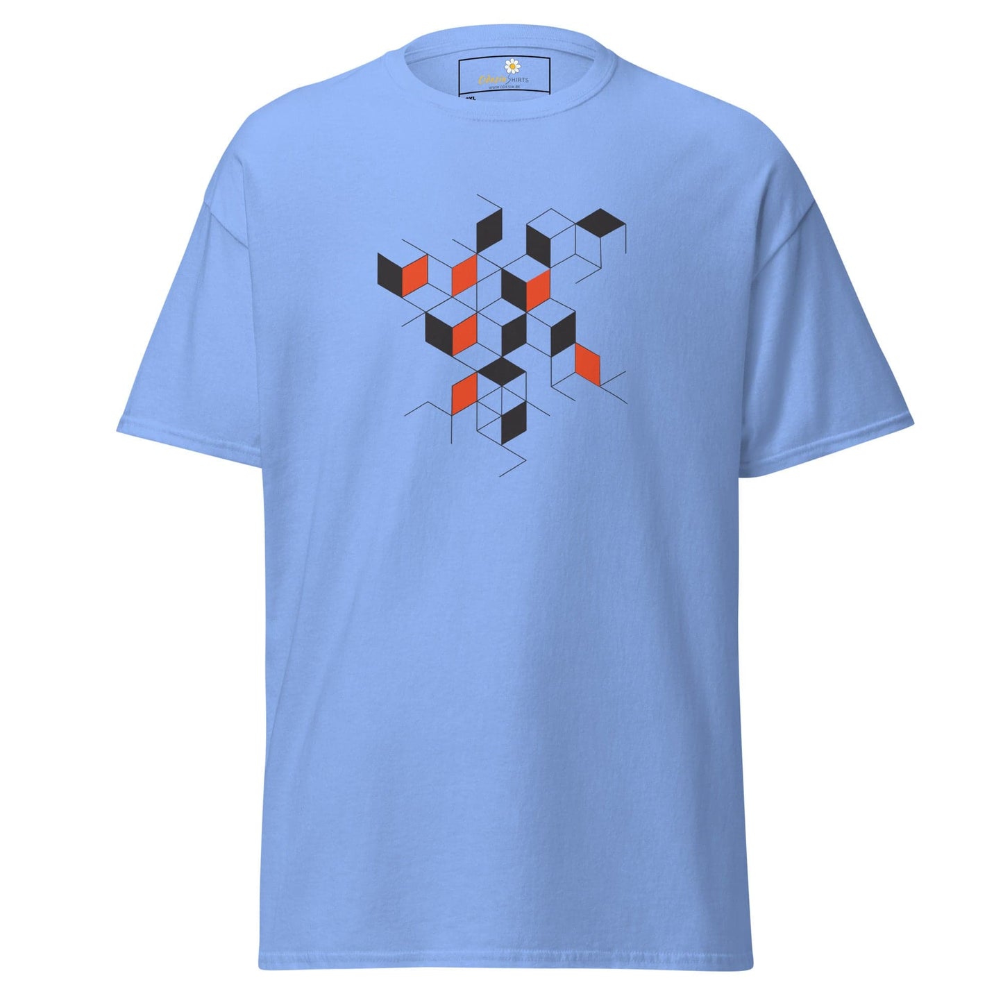 Light blue men’s and women’s t-shirt with geometric cube design in 2XL to 5XL sizes