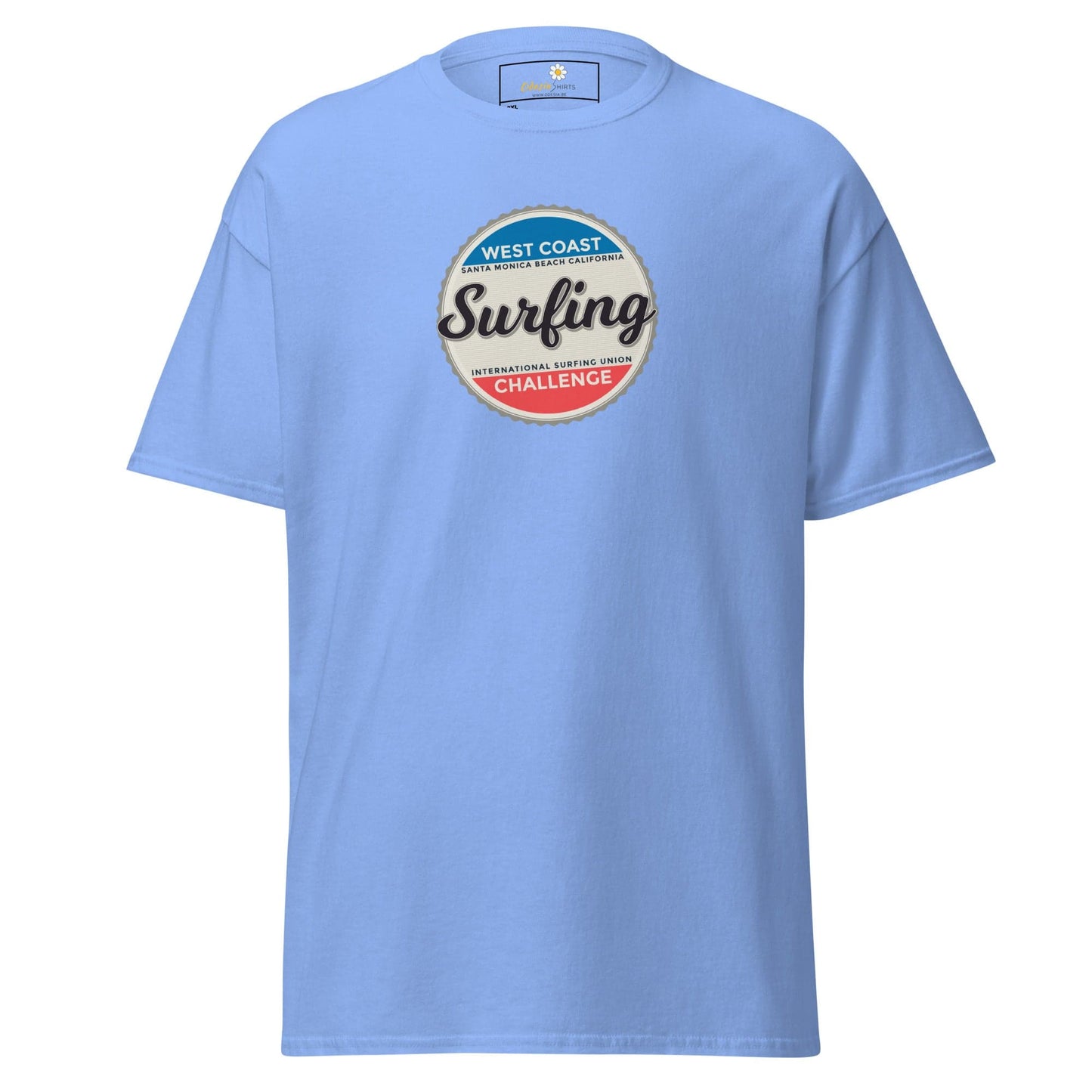 Light blue t-shirt with surfing logo.