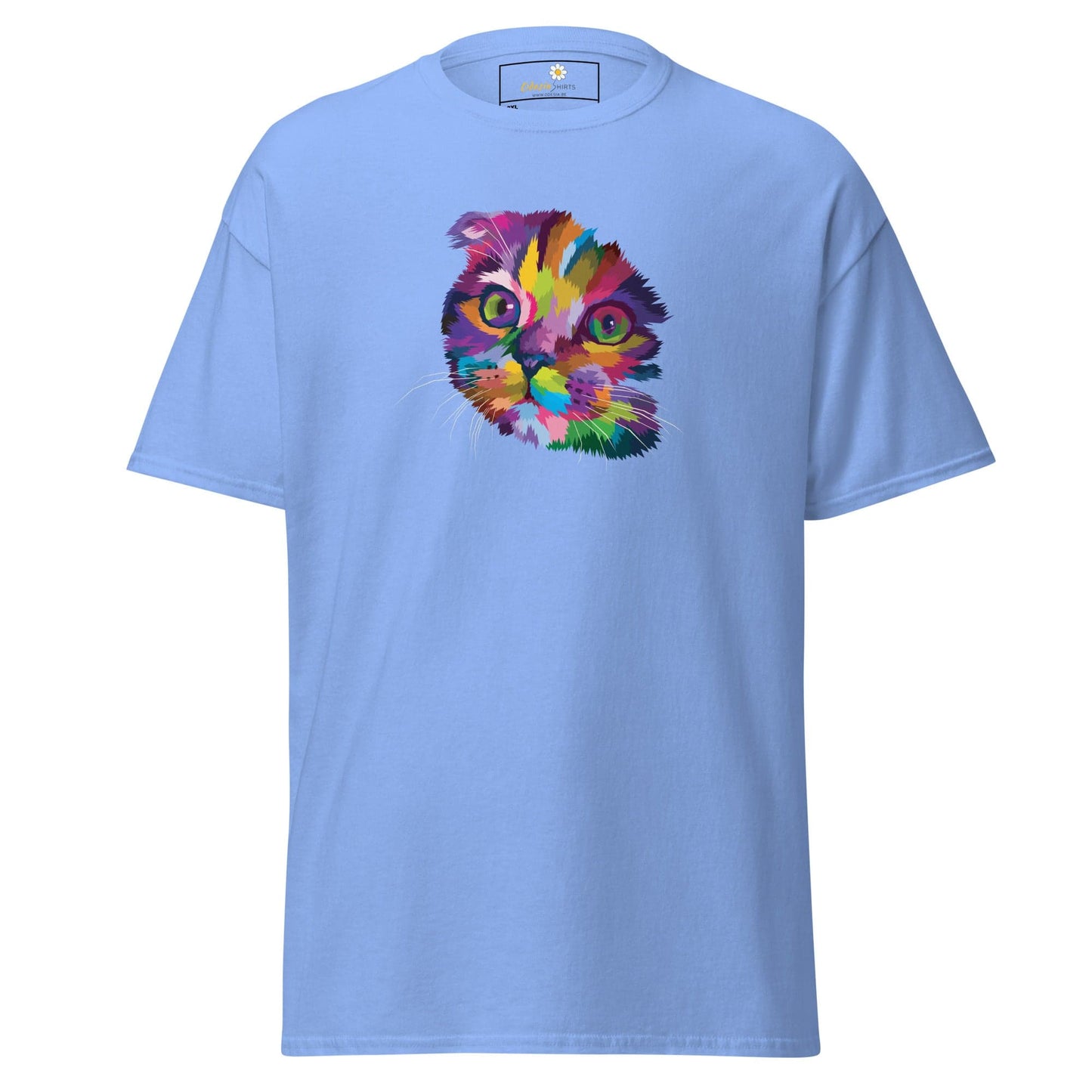 Light blue T-shirt with colorful cat face design for Men and Women in 2XL to 5XL sizes