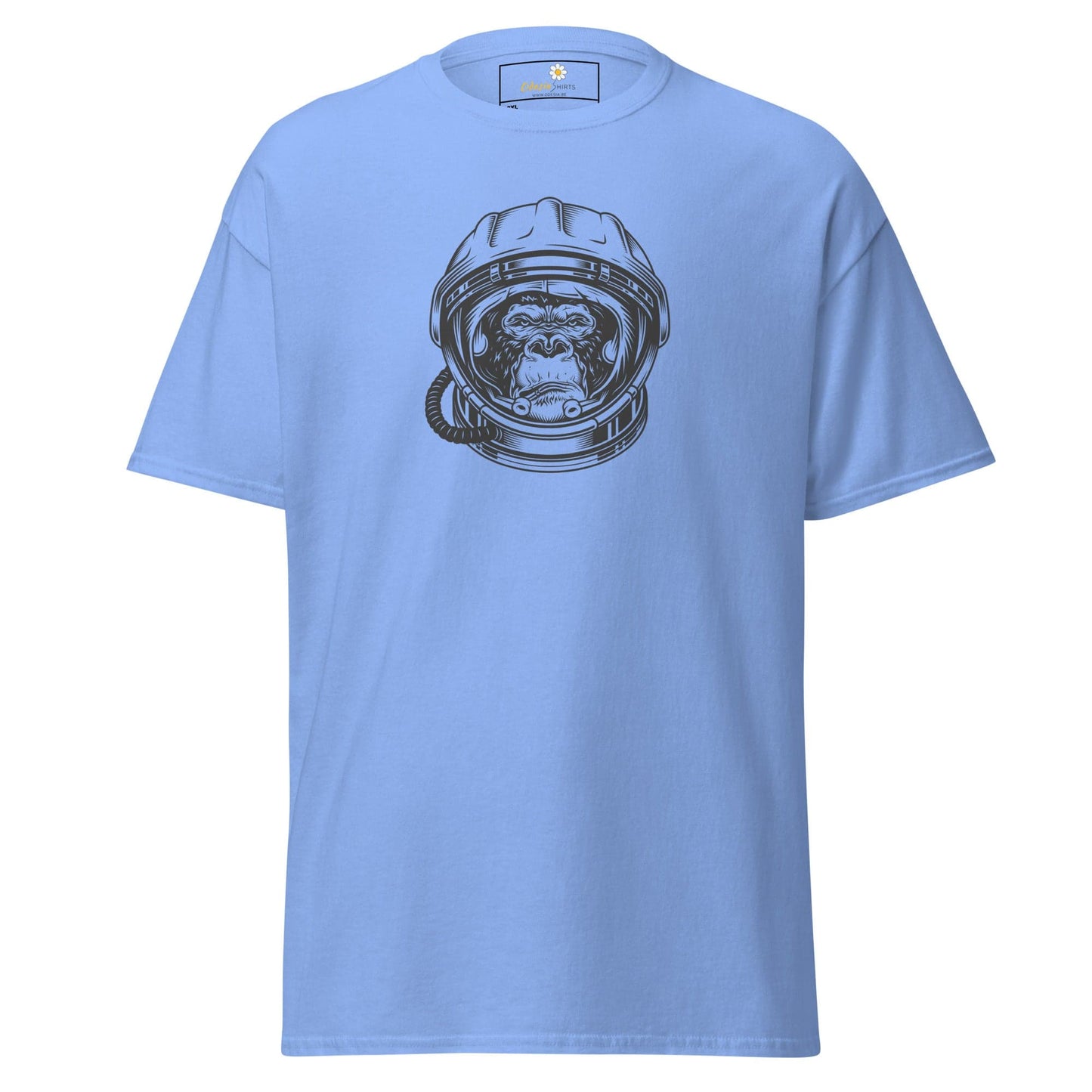 Light blue T-shirt with astronaut monkey graphic, suitable for men and women in sizes 2XL to 5XL