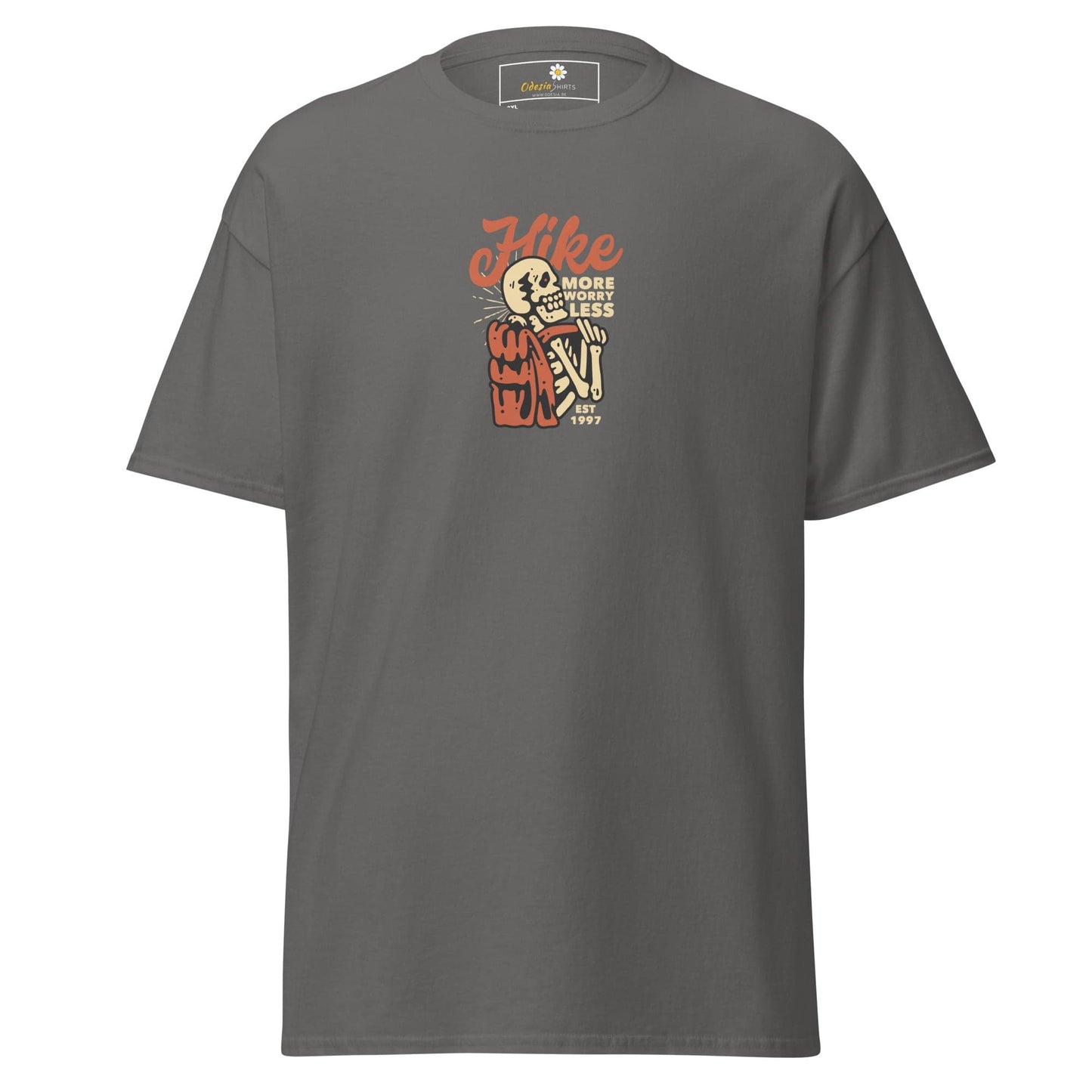 Gray t-shirt with skeleton hiker graphic.