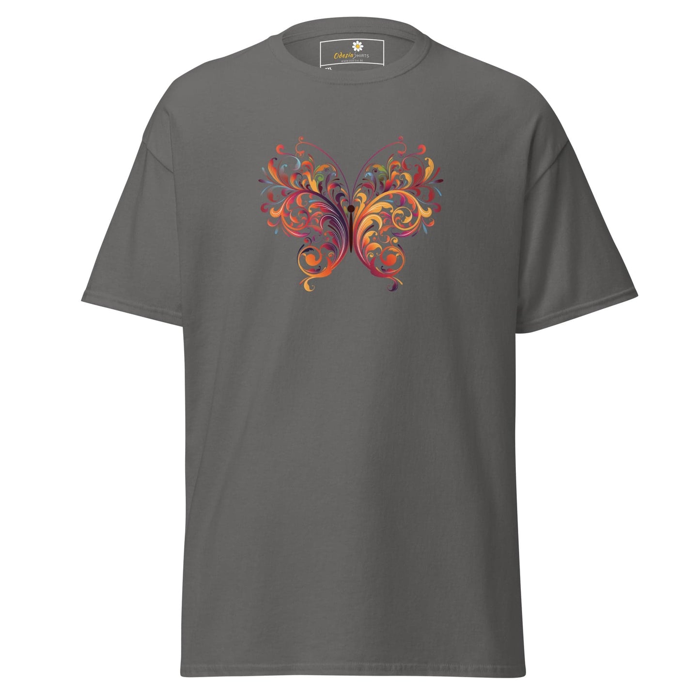 Gray T-shirt with colorful butterfly design for Men and Women in sizes 2XL to 5XL