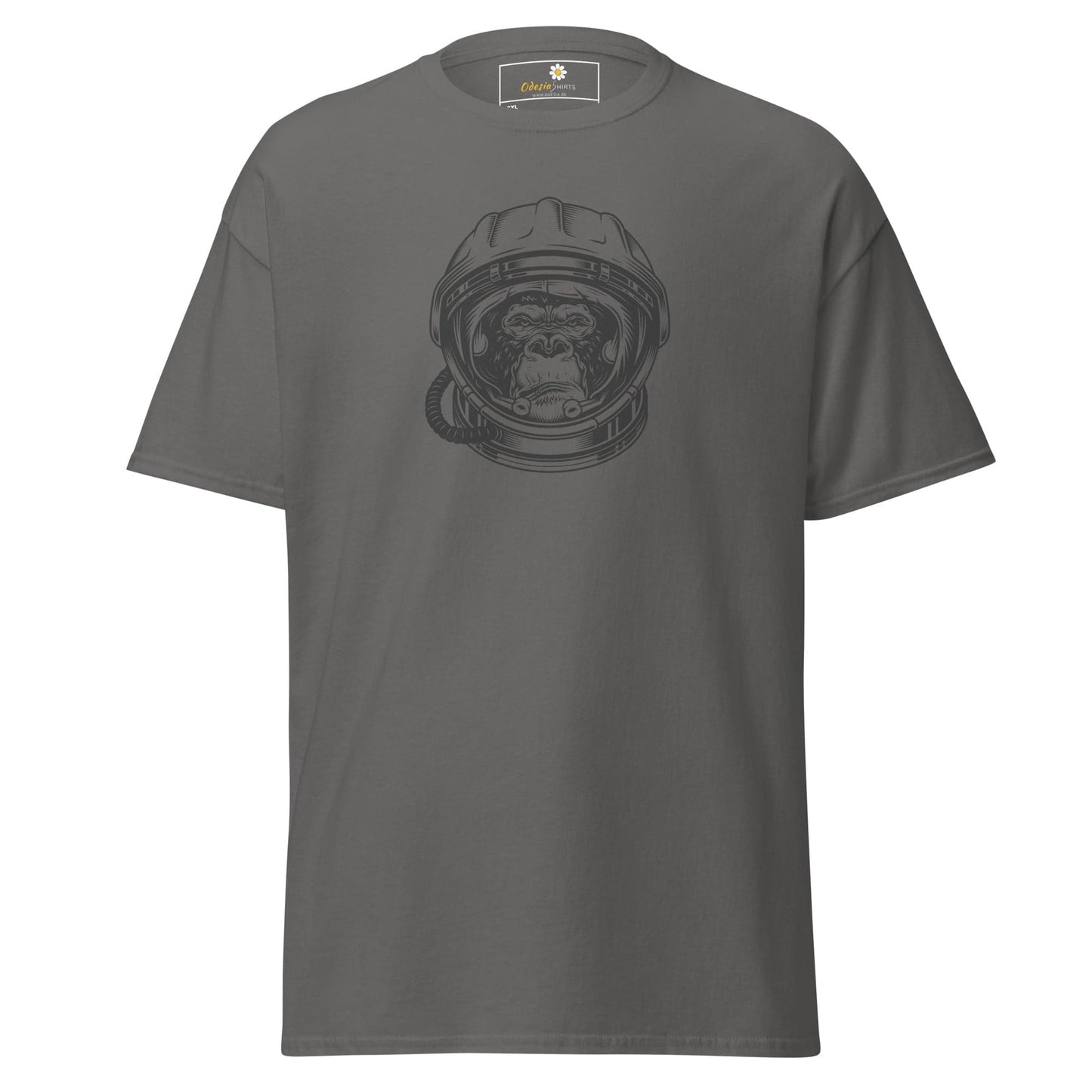 Gray T-shirt with astronaut monkey graphic for men and women in plus sizes 2XL to 5XL