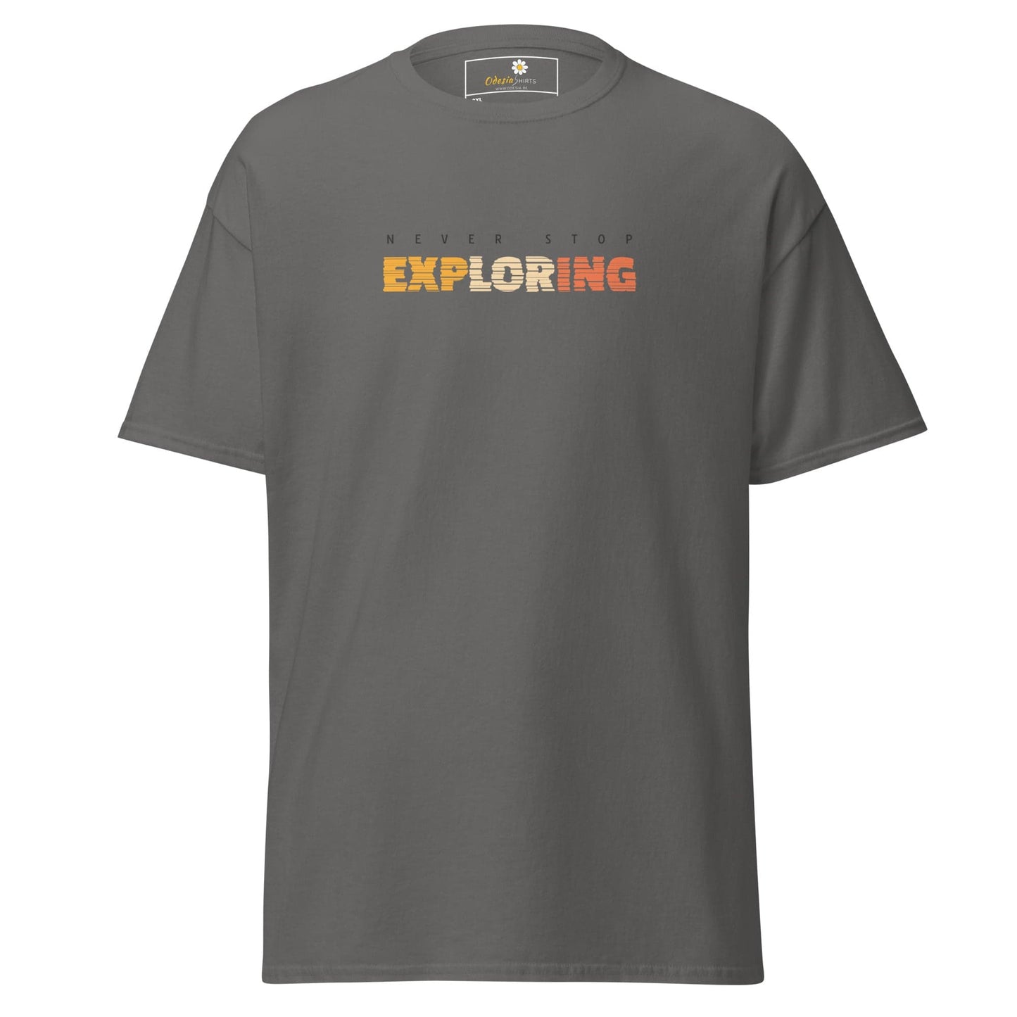 Gray T-shirt with Never Stop Exploring text in the T-SHIRT DESIGN TEE for men and women