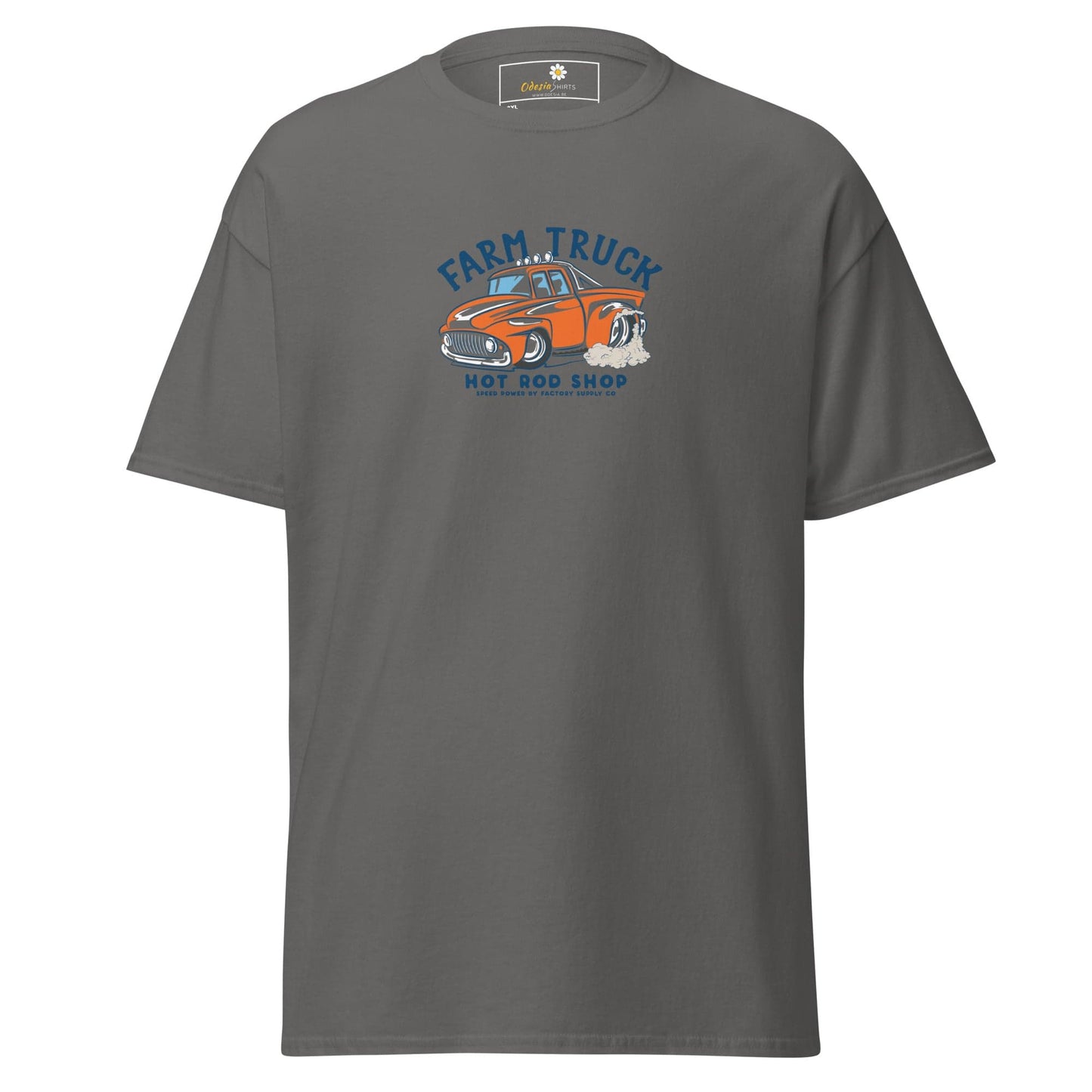 Gray t-shirt with a truck graphic.