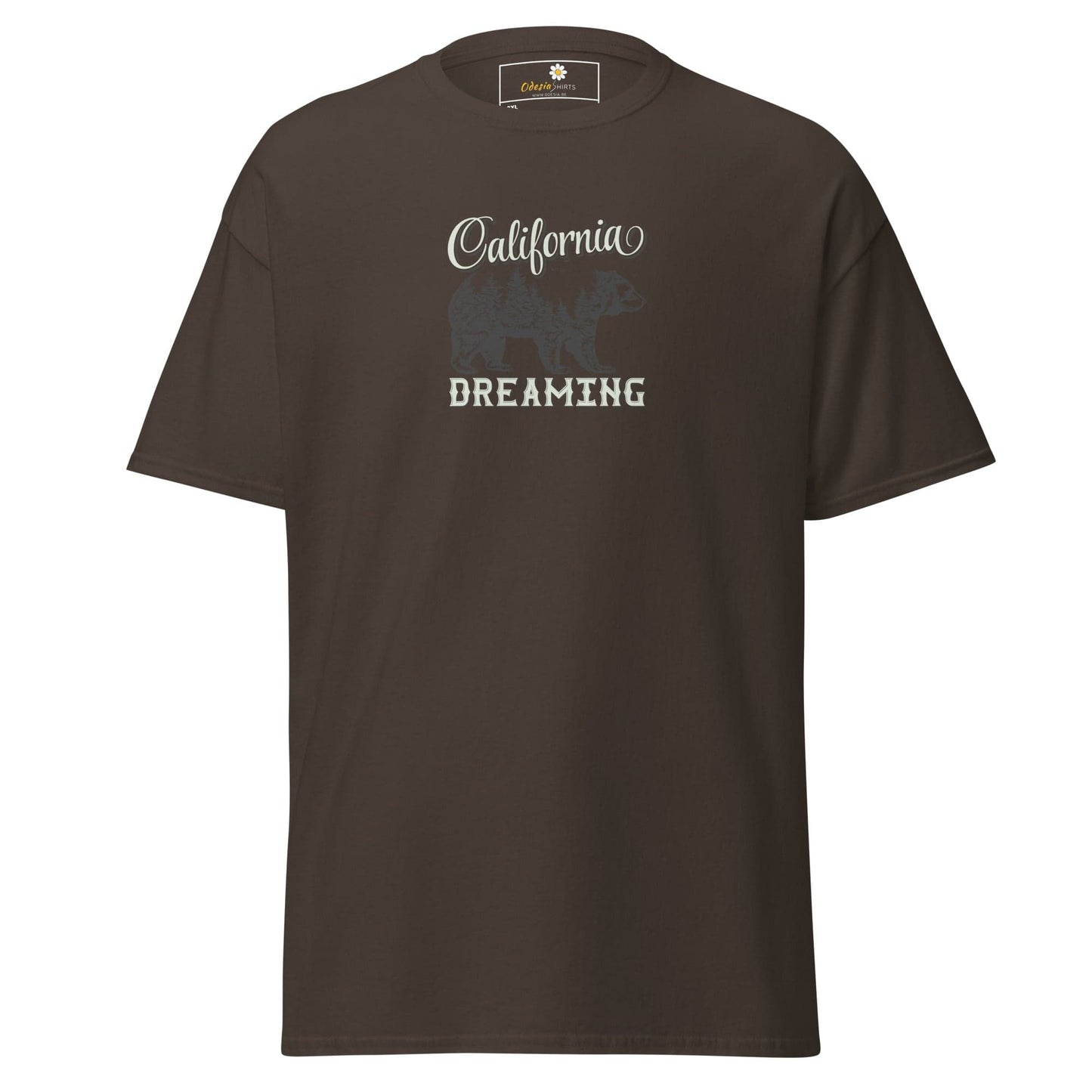 Brown T-shirt with California Dreaming text, designed for Men and Women sizes 2XL to 5XL