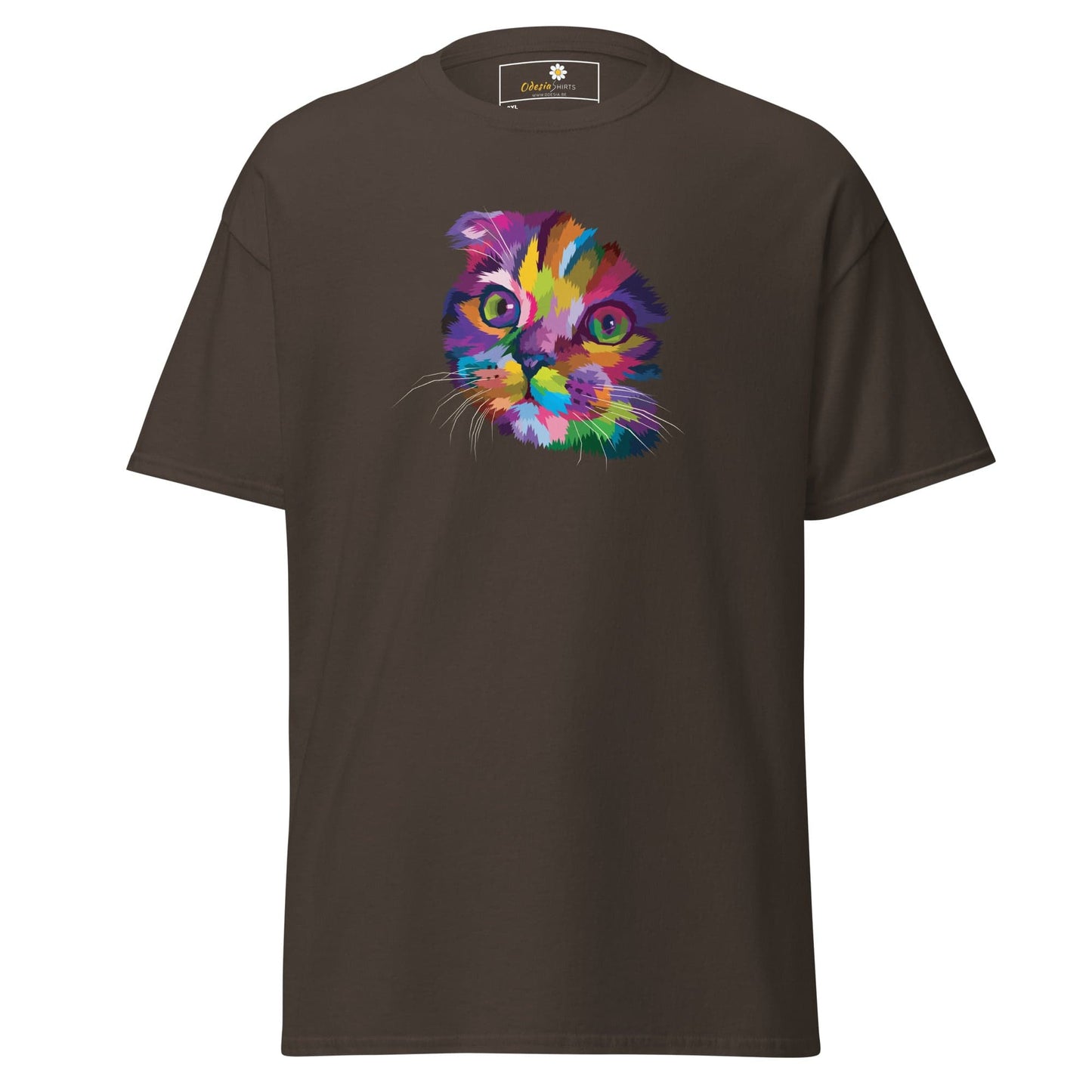 Brown T-shirt with colorful cat graphic, available in men and women sizes 2XL to 5XL