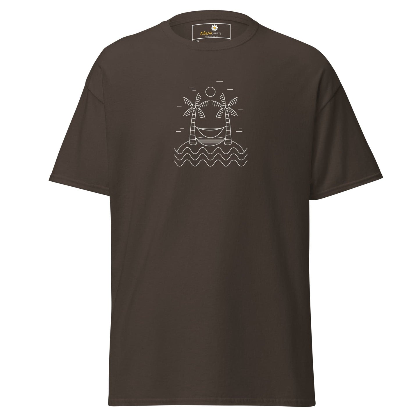 Brown T-shirt with beach scene graphic for men and women in sizes 2XL to 5XL