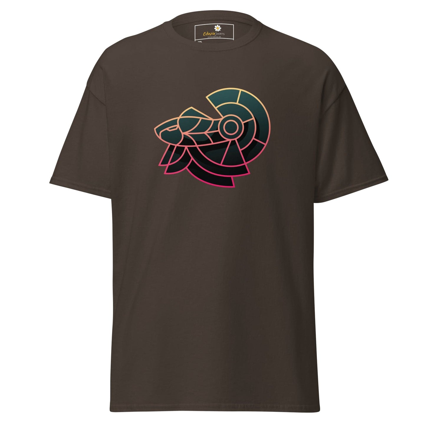 Brown T-shirt with stylized Ram design, available in 2XL to 5XL sizes for men and women