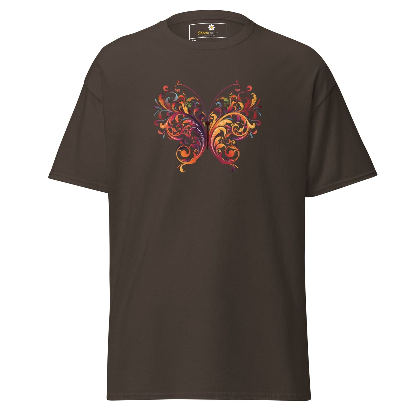 Brown T-shirt with colorful butterfly design, available in Men and Women sizes 2XL to 5XL