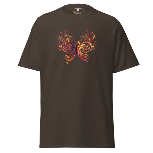 Brown T-shirt with colorful butterfly design, available in Men and Women sizes 2XL to 5XL