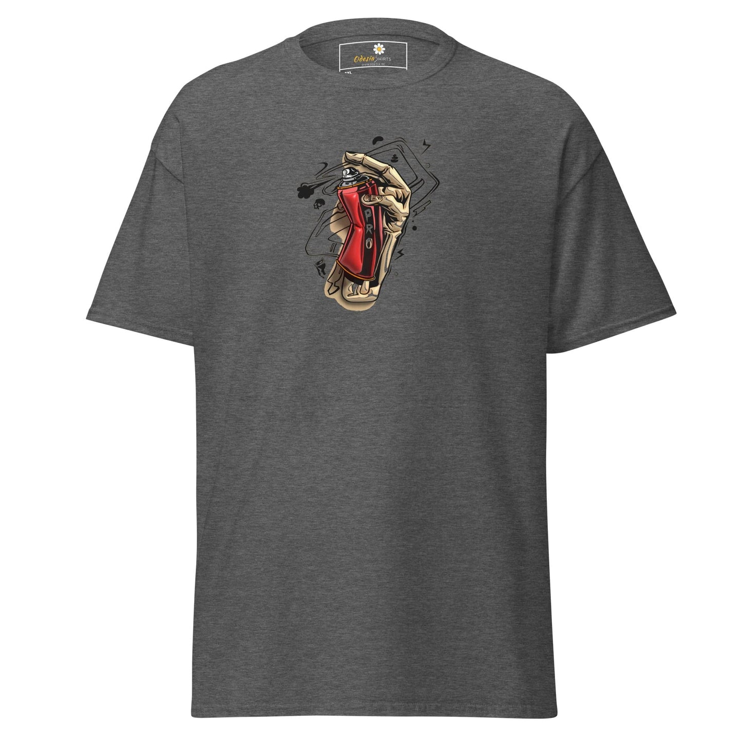Gray t-shirt with graphic print.