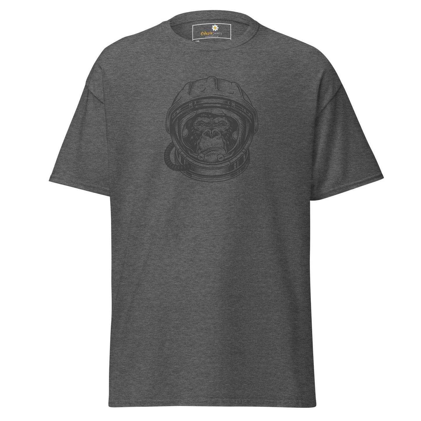 Gray T-shirt with astronaut monkey graphic for men and women in 2XL to 5XL sizes