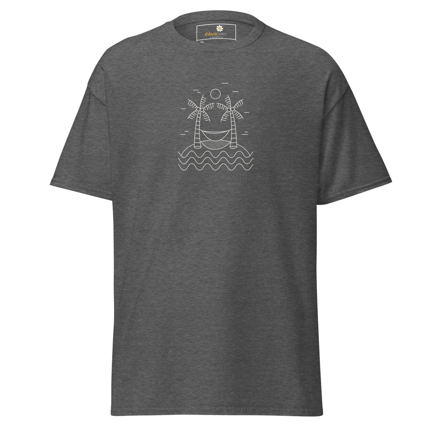 Gray T-shirt featuring a detailed beach scene graphic for Men and Women in sizes 2XL to 5XL