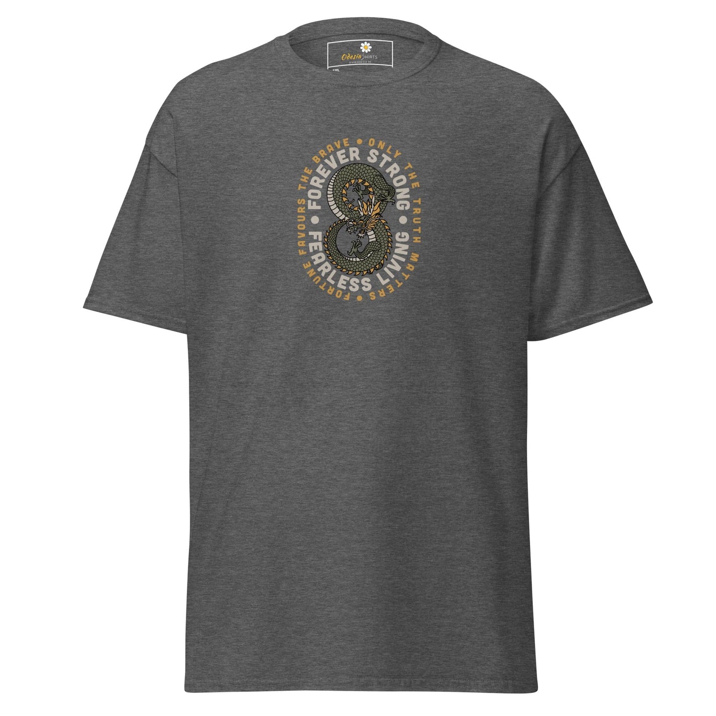 Gray graphic t-shirt.