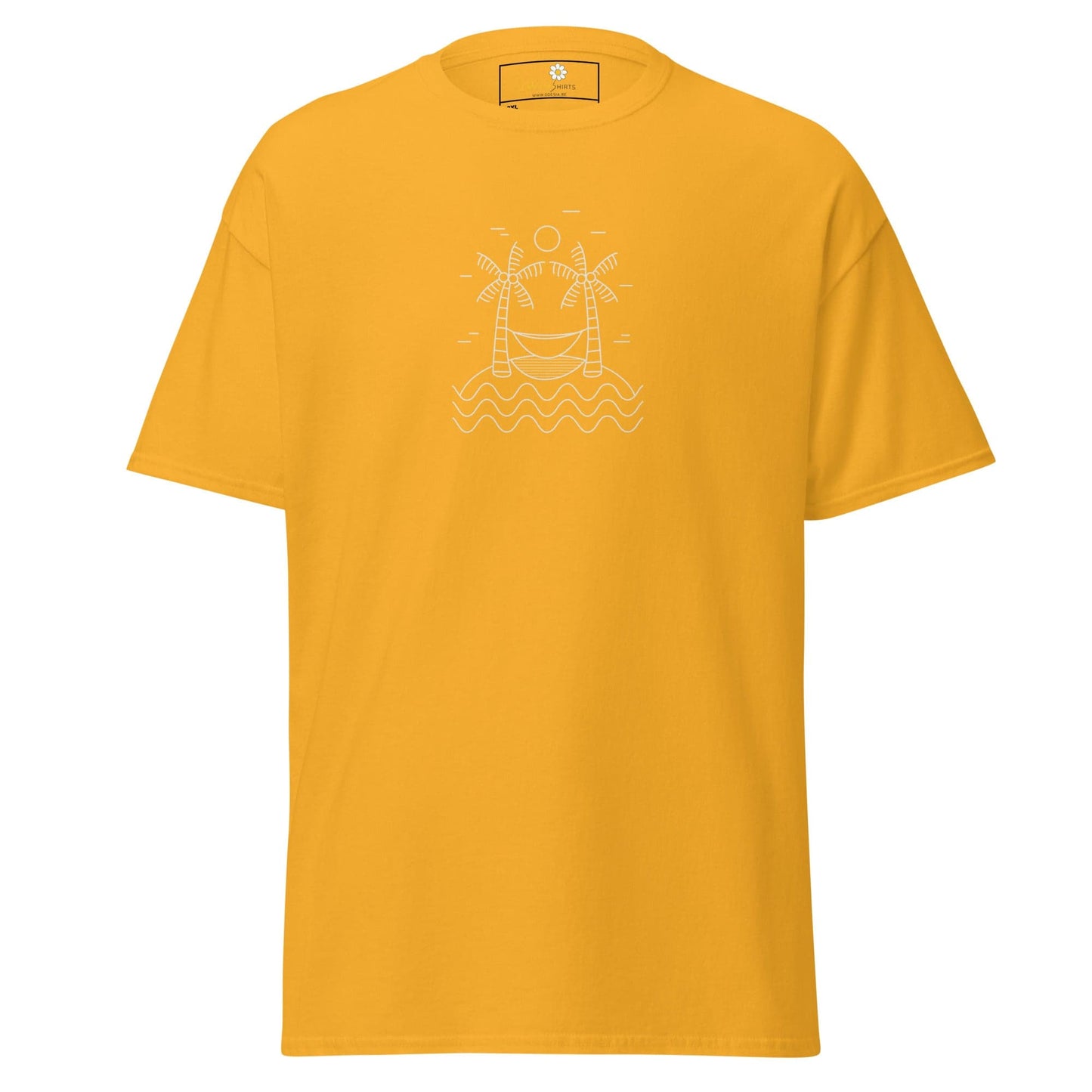 Mustard-yellow t-shirt with beach scene graphic for Men and Women in 2XL to 5XL sizes