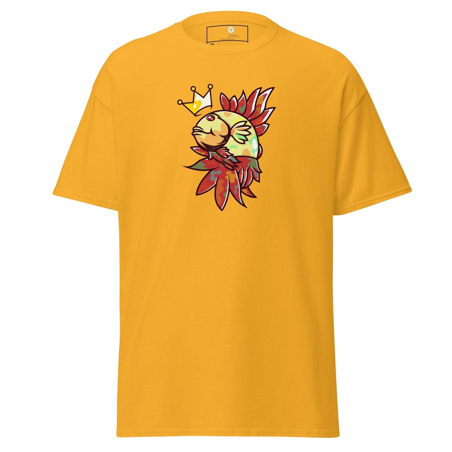 Mustard-colored T-shirt with fish graphic for Men and Women in sizes 2XL to 5XL