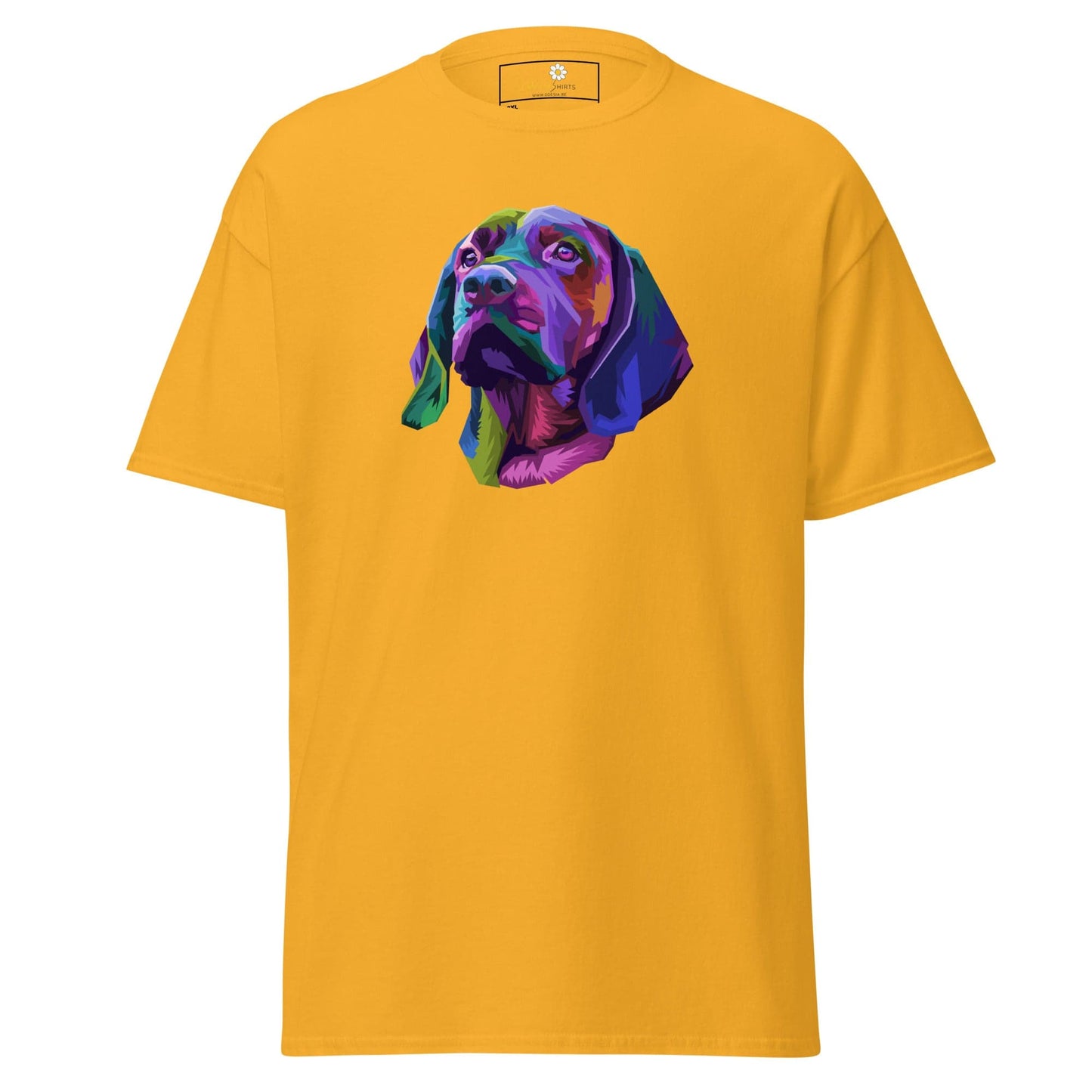 Yellow T-shirt with colorful dog head design for men and women in 2XL to 5XL sizes