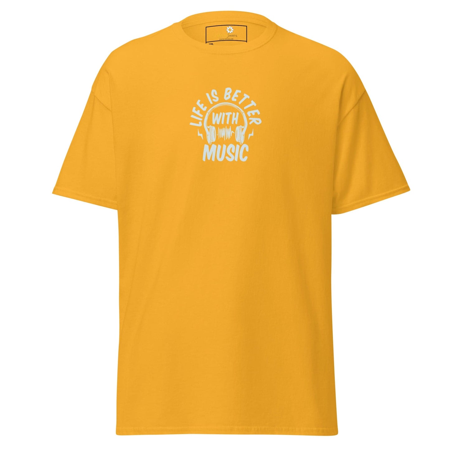 Yellow T-shirt with music graphic, suitable for men and women in sizes 2XL to 5XL