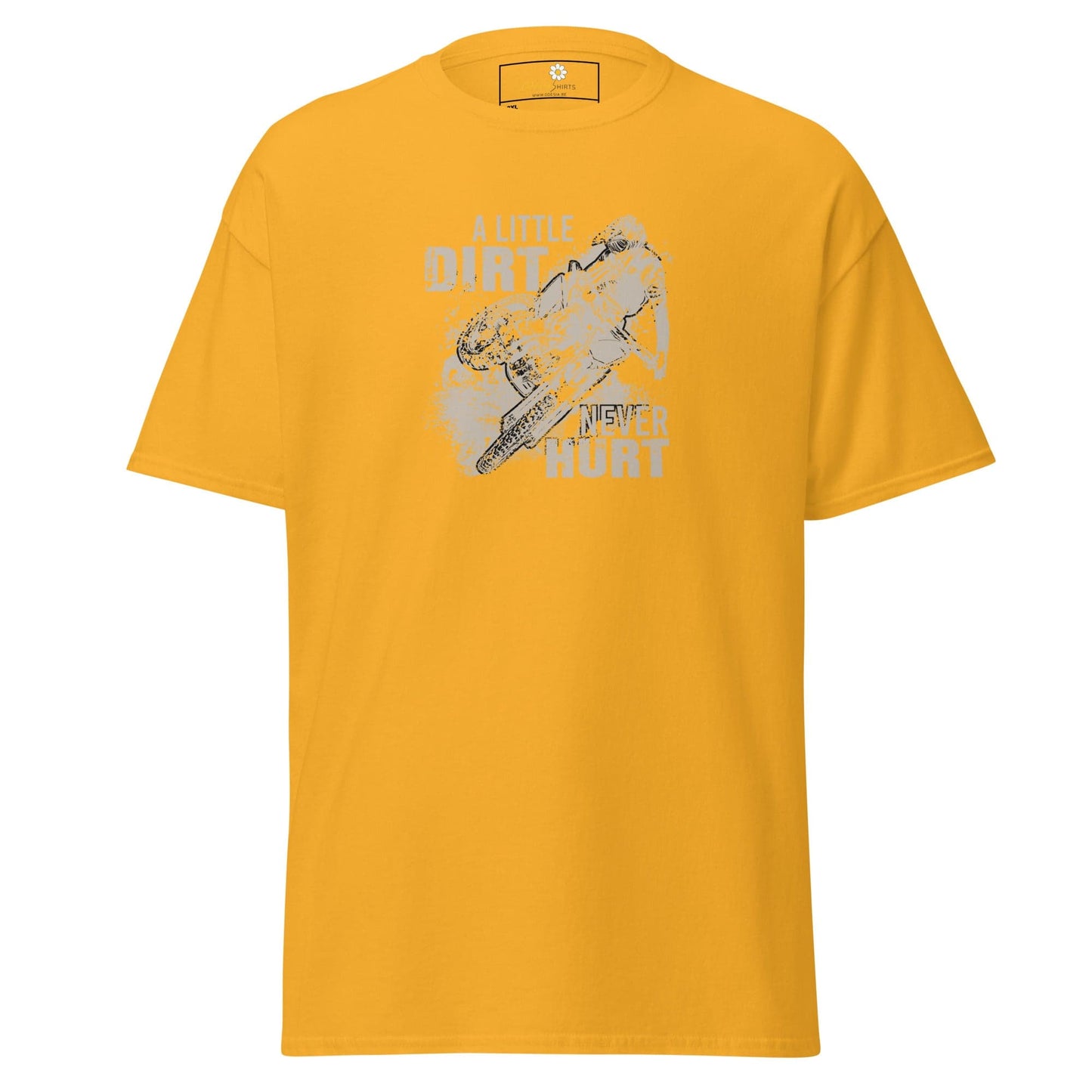 Yellow graphic tee.