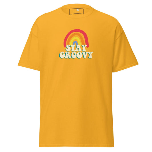 Yellow t-shirt with rainbow and ’Stay Groovy’ text.