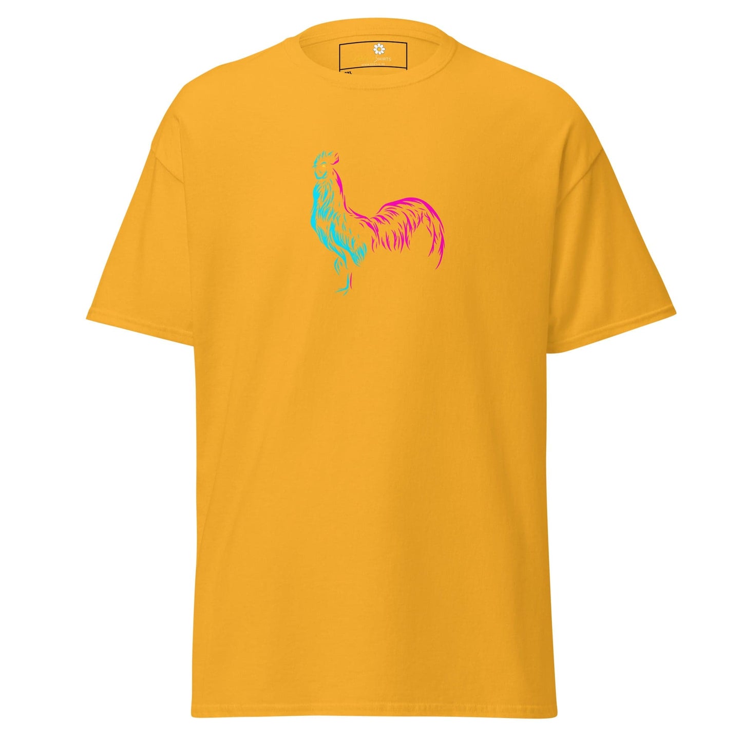 Yellow T-shirt featuring a rooster design, suitable for men and women in 2XL to 5XL sizes