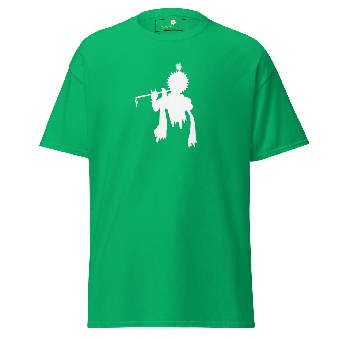 Green T-shirt with white Krishna graphic, available in 2XL to 5XL for men and women